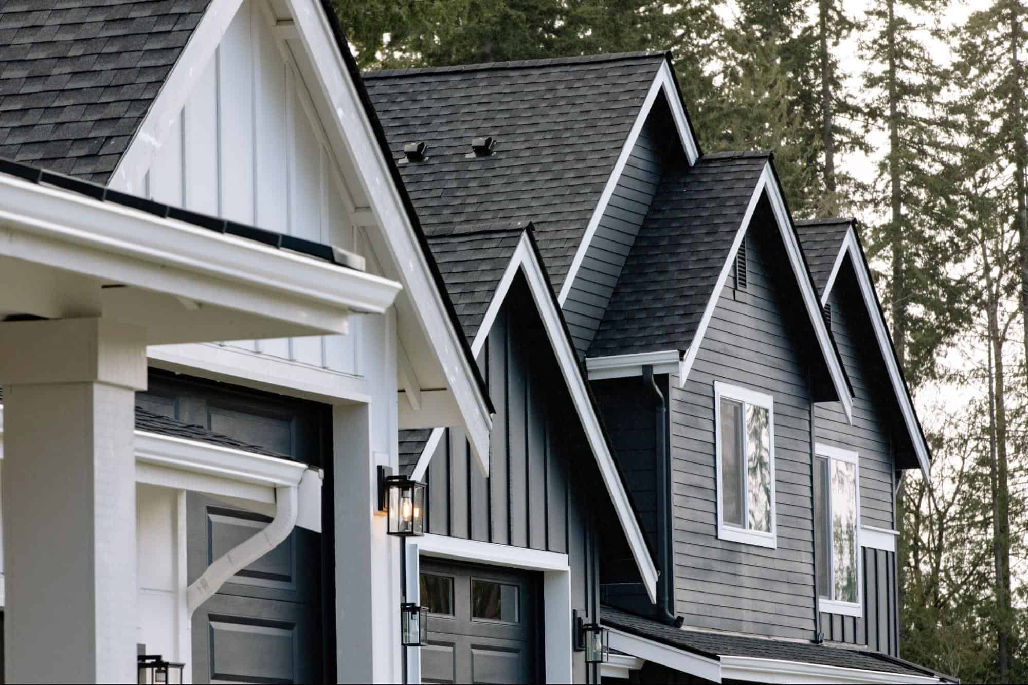 Multiple gabled roofline, featuring various exterior millwork trim styles