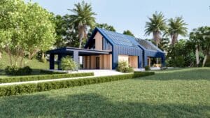 Modern single family home featuring exterior wood products, and solar panels