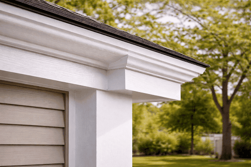 Close-up of freshly painted white wood trim on a house exterior