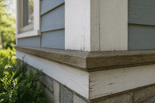 Deteriorating painted wood trim at a home's exterior corner