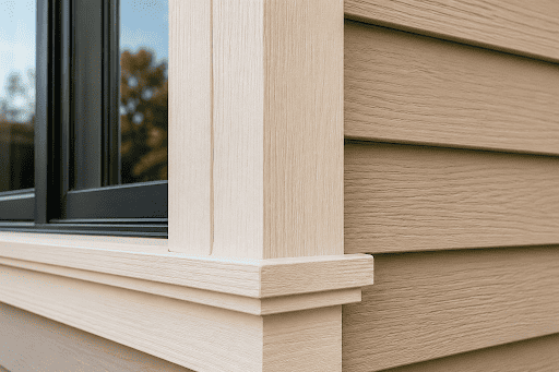 Close-up of exterior cream window trim against beige siding on a home