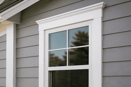 Exterior window detail showing white trim and taupe siding