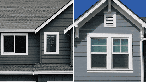 A side-by-side comparison of wood trim and fiber cement trim on exterior siding.