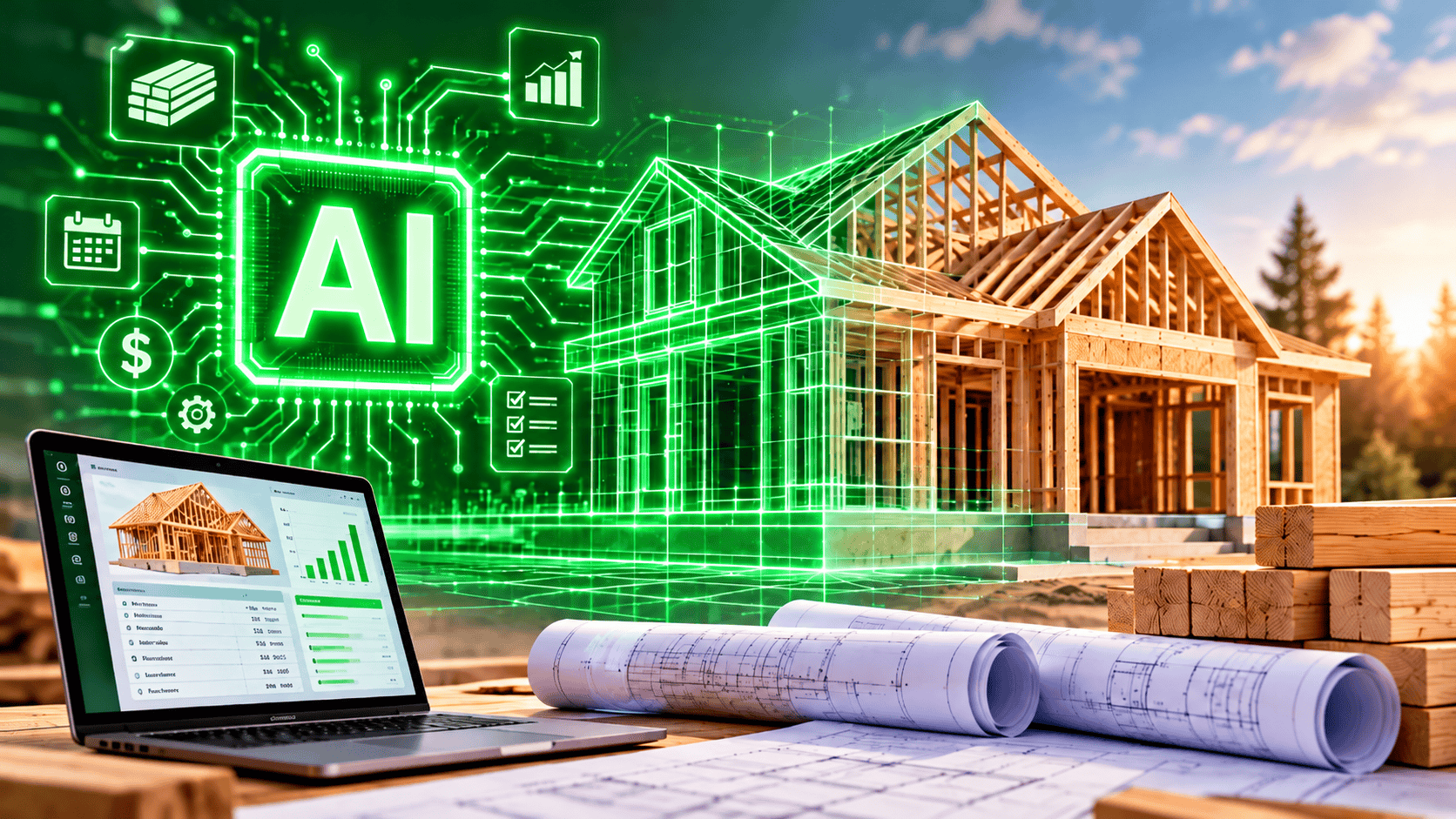 Building materials framed new construction with AI-drafted material estimate on a laptop beside a printed plan set